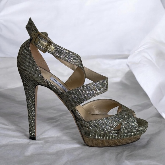 Jimmy Choo Shoes - Authentic Jimmy Choo Women’s Kuki Gold Glitter Platform Stiletto Heels! 7! COA!